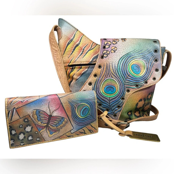 Anuschka Peacock Animal Print Leather Crossbody Bag & Wallet Set - Picture 3 of 12